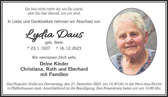 Traueranzeige von Lydia Daus von Gelnhäuser Neue Zeitung