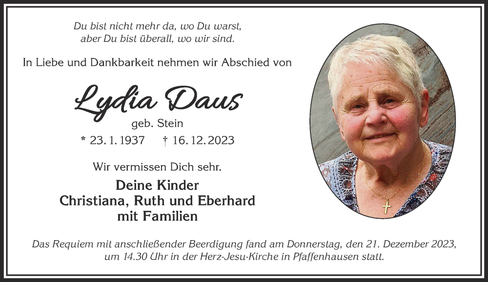  Traueranzeige für Lydia Daus vom 23.12.2023 aus Mittelhessen-Bote