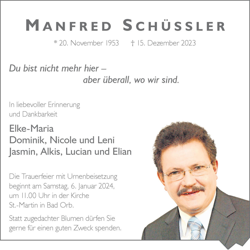  Traueranzeige für Manfred Schüssler vom 30.12.2023 aus Gelnhäuser Neue Zeitung