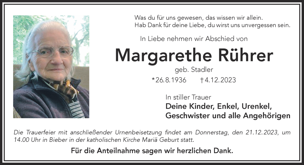  Traueranzeige für Margarethe Rührer vom 16.12.2023 aus Mittelhessen-Bote