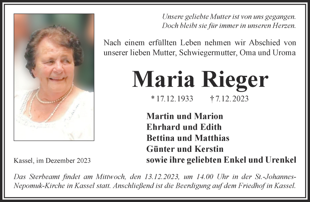  Traueranzeige für Maria Rieger vom 09.12.2023 aus Gelnhäuser Neue Zeitung
