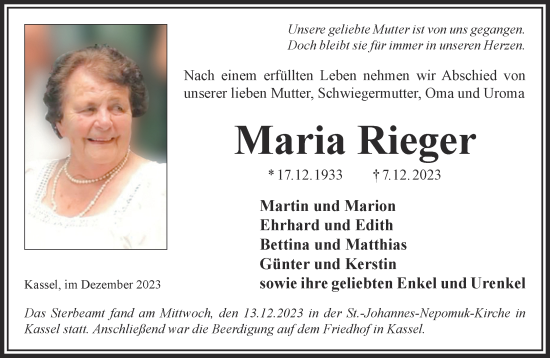 Traueranzeige von Maria Rieger von Mittelhessen-Bote