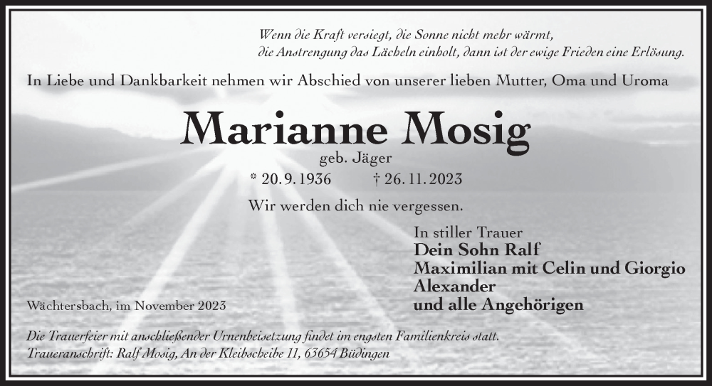  Traueranzeige für Marianne Mosig vom 02.12.2023 aus Gelnhäuser Neue Zeitung