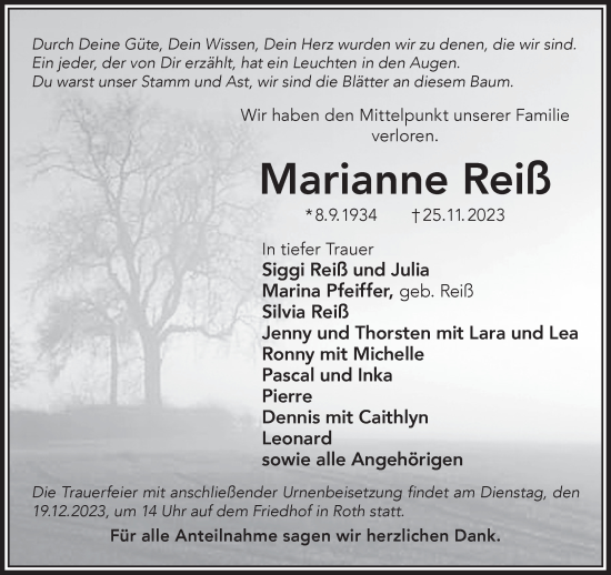 Traueranzeige von Marianne Reiß von Gelnhäuser Neue Zeitung