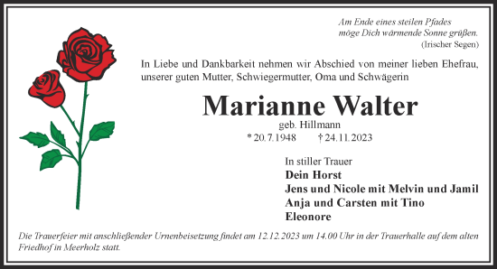 Traueranzeige von Marianne Walter von Gelnhäuser Neue Zeitung
