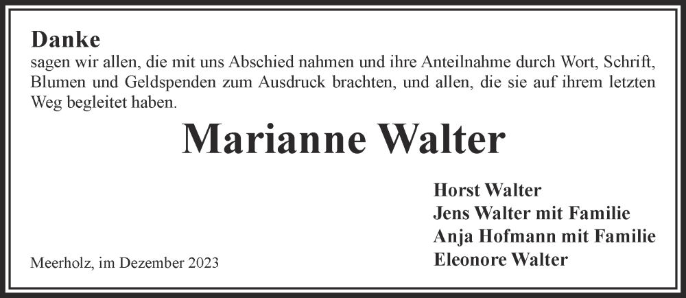  Traueranzeige für Marianne Walter vom 23.12.2023 aus Gelnhäuser Neue Zeitung