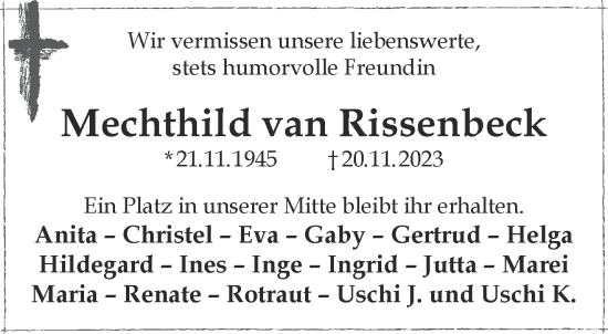 Traueranzeige von Mechthild van Rissenbeck von Gelnhäuser Neue Zeitung