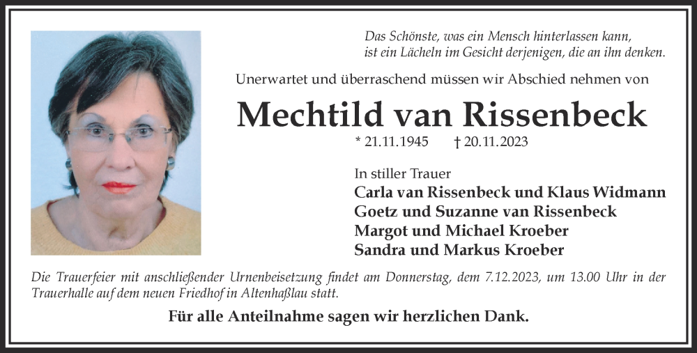  Traueranzeige für Mechtild van Rissenbeck vom 02.12.2023 aus Gelnhäuser Neue Zeitung