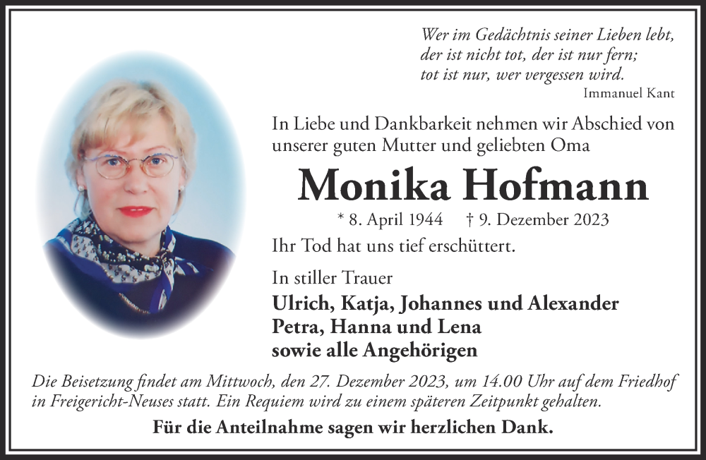 Traueranzeige für Monika Hofmann vom 16.12.2023 aus Gelnhäuser Neue Zeitung