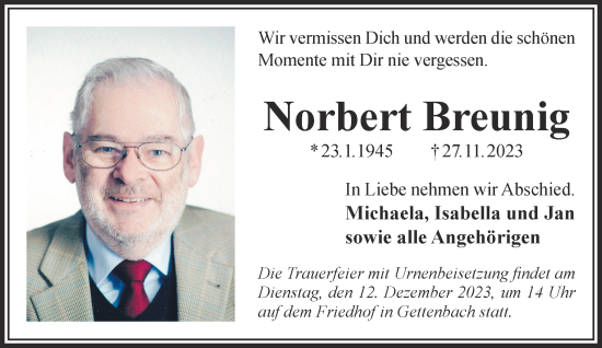 Traueranzeige von Norbert Breunig von Mittelhessen-Bote
