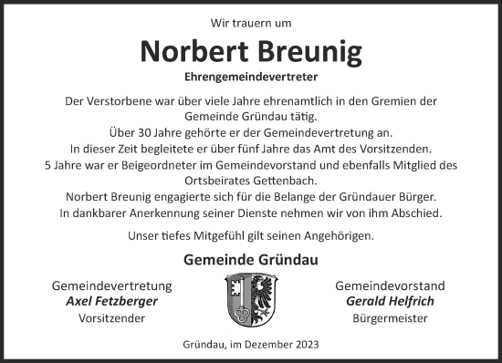 Traueranzeige von Norbert Breunig von Gelnhäuser Neue Zeitung