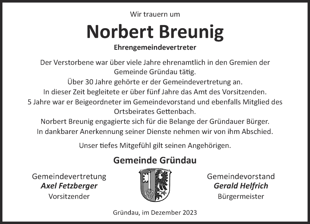  Traueranzeige für Norbert Breunig vom 07.12.2023 aus Gelnhäuser Neue Zeitung