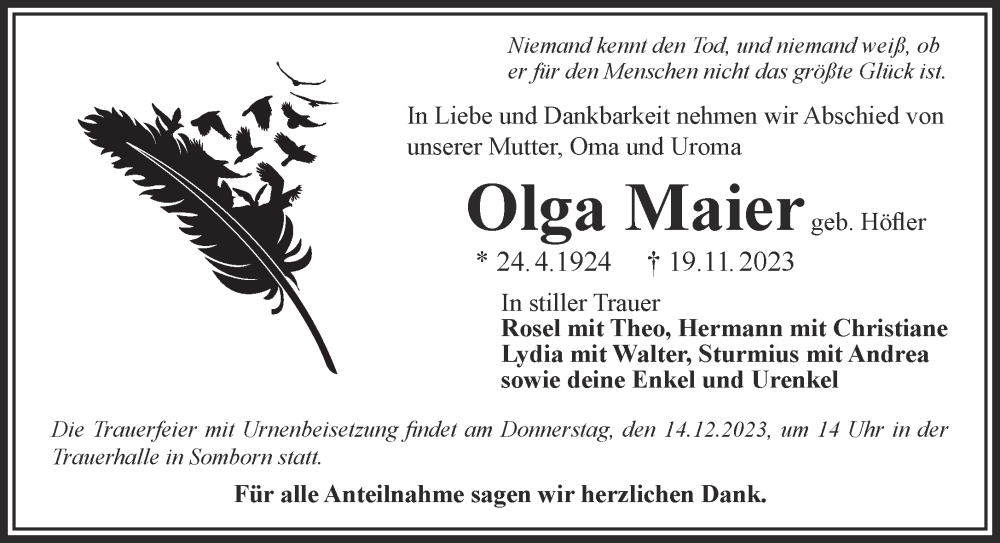  Traueranzeige für Olga Maier vom 02.12.2023 aus Gelnhäuser Neue Zeitung