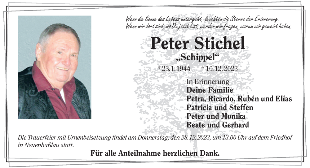  Traueranzeige für Peter Stichel vom 16.12.2023 aus Gelnhäuser Neue Zeitung