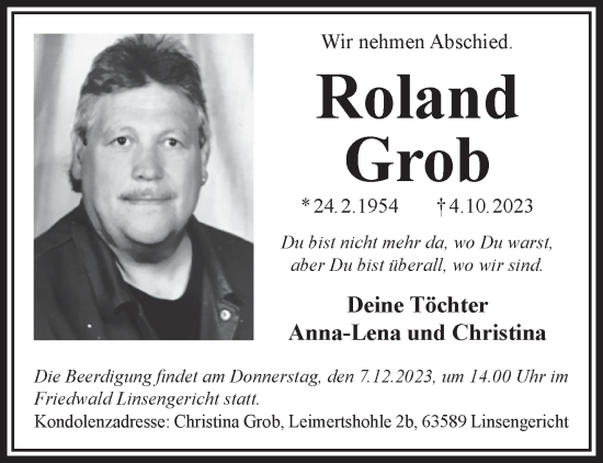 Traueranzeige von Roland Grob von Gelnhäuser Neue Zeitung