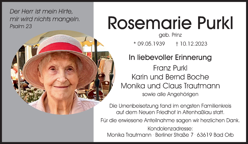  Traueranzeige für Rosemarie Purkl vom 30.12.2023 aus Gelnhäuser Neue Zeitung