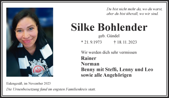Traueranzeige von Silke Bohlender von Gelnhäuser Neue Zeitung