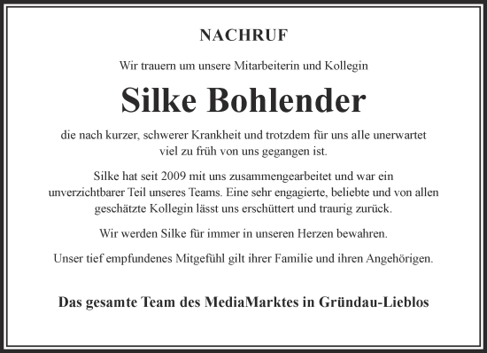 Traueranzeige von Silke Bohlender von Gelnhäuser Neue Zeitung