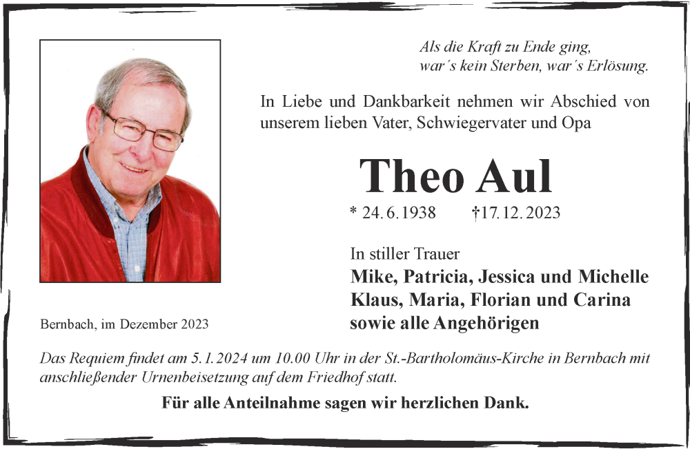  Traueranzeige für Theo Aul vom 23.12.2023 aus Gelnhäuser Neue Zeitung