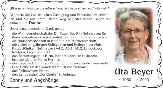 Traueranzeige von Uta Beyer von Gelnhäuser Neue Zeitung