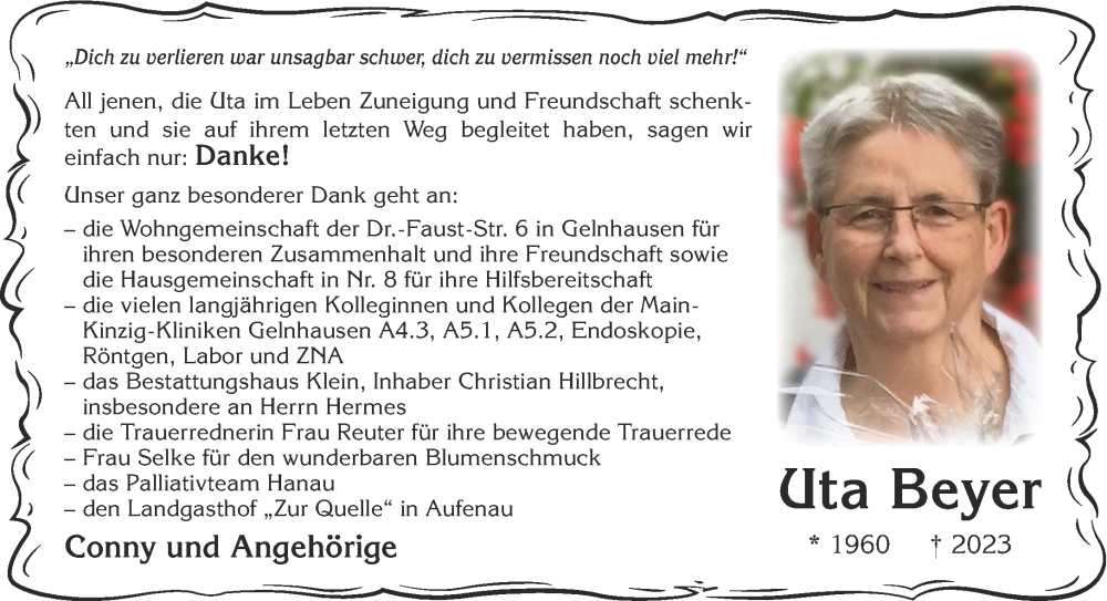  Traueranzeige für Uta Beyer vom 23.12.2023 aus Gelnhäuser Neue Zeitung