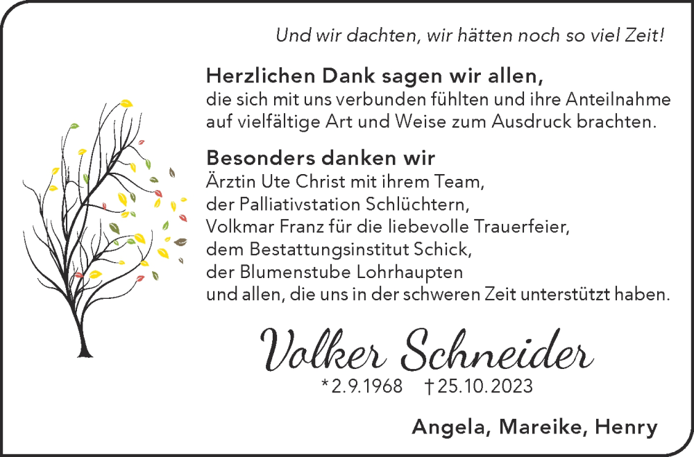  Traueranzeige für Volker Schneider vom 02.12.2023 aus Gelnhäuser Neue Zeitung