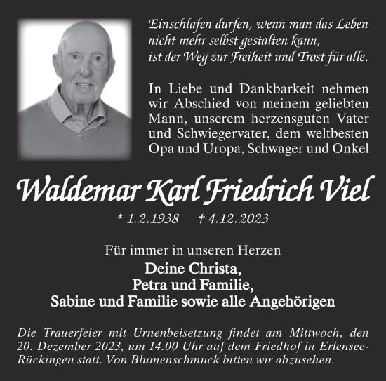 Traueranzeige von Waldemar Karl Friedrich  Viel von Mittelhessen-Bote