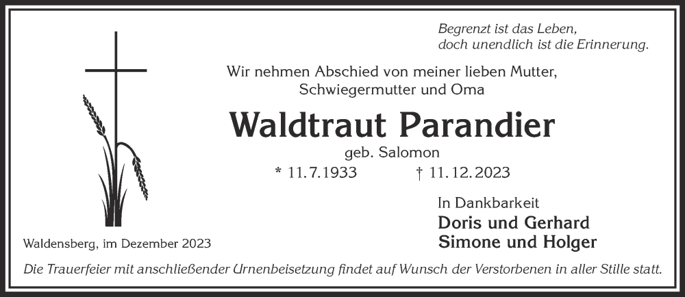  Traueranzeige für Waldtraut Parandier vom 23.12.2023 aus Gelnhäuser Neue Zeitung