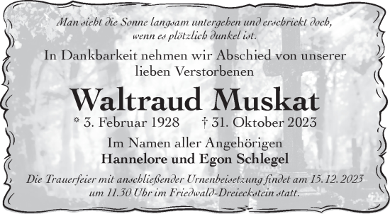 Traueranzeige von Waltraud Muskat von Mittelhessen-Bote