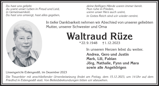Traueranzeige von Waltraud Rüze von Gelnhäuser Neue Zeitung