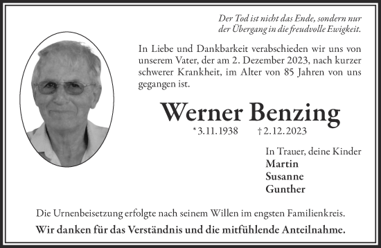 Traueranzeige von Werner Benzing von Gelnhäuser Neue Zeitung