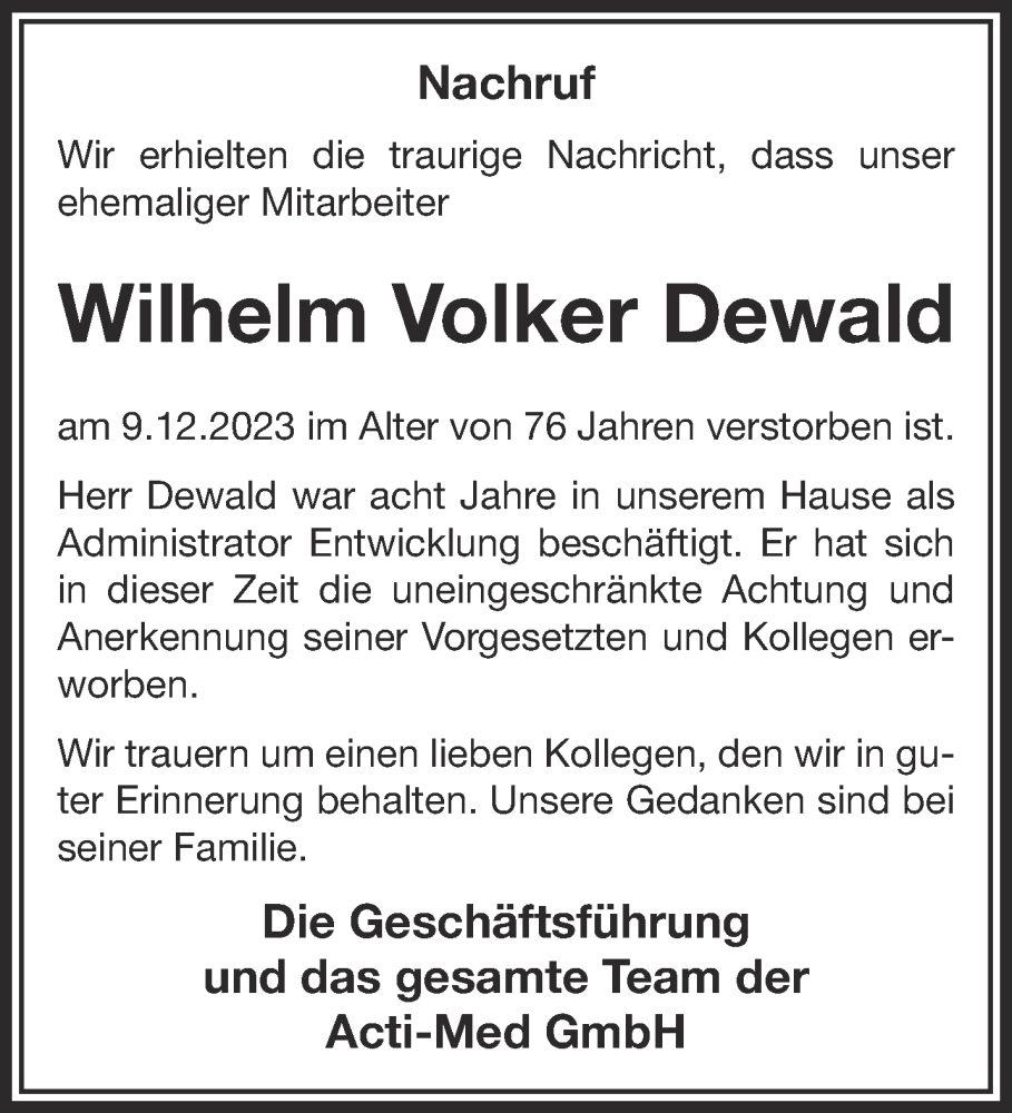  Traueranzeige für Wilhelm Volker Dewald vom 23.12.2023 aus Gelnhäuser Neue Zeitung