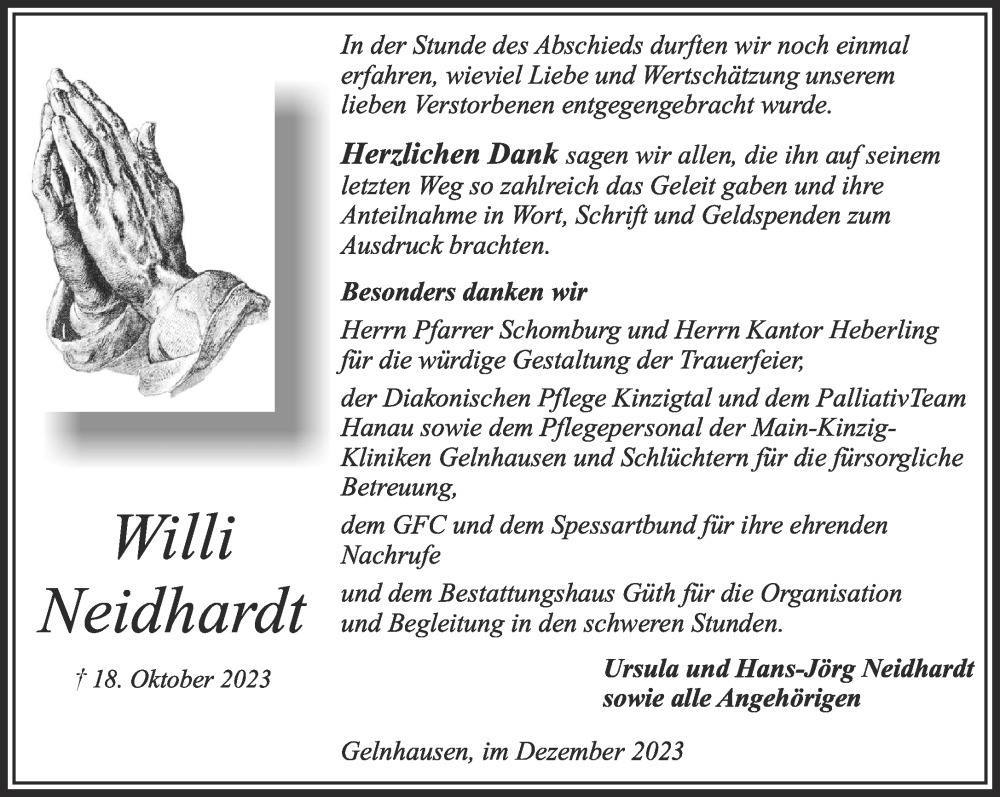  Traueranzeige für Willi Neidhardt vom 16.12.2023 aus Mittelhessen-Bote
