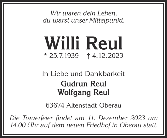 Traueranzeige von Willi Reul von Mittelhessen-Bote