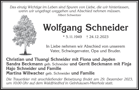 Traueranzeige von Wolfgang Schneider von Gelnhäuser Neue Zeitung