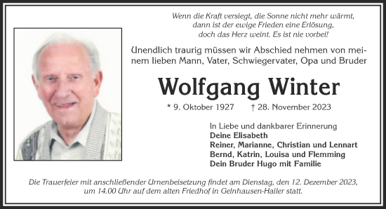 Traueranzeige von Wolfgang Winter von Gelnhäuser Neue Zeitung