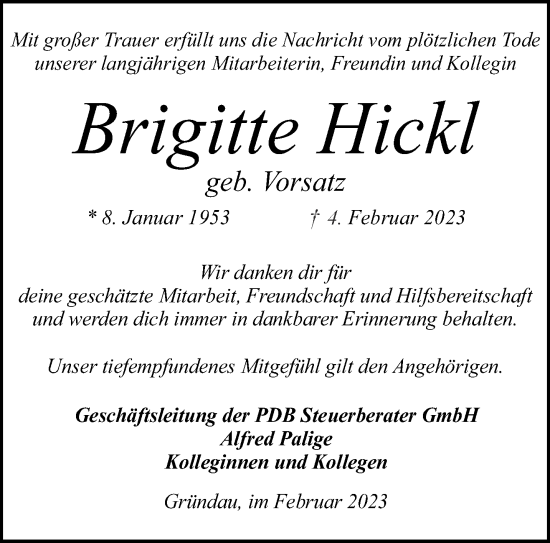 Traueranzeige von Brigitte Hickl von Gelnhäuser Neue Zeitung
