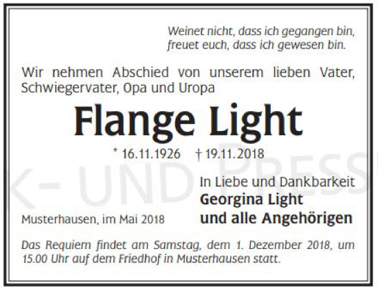 Traueranzeige von Flange Light von GELNHÄUSER NEUE ZEITUNG