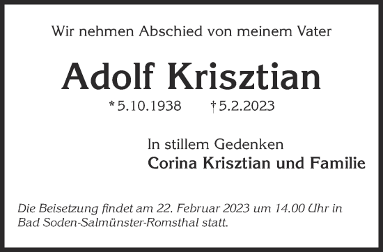Traueranzeige von Adolf Krisztian von Gelnhäuser Neue Zeitung