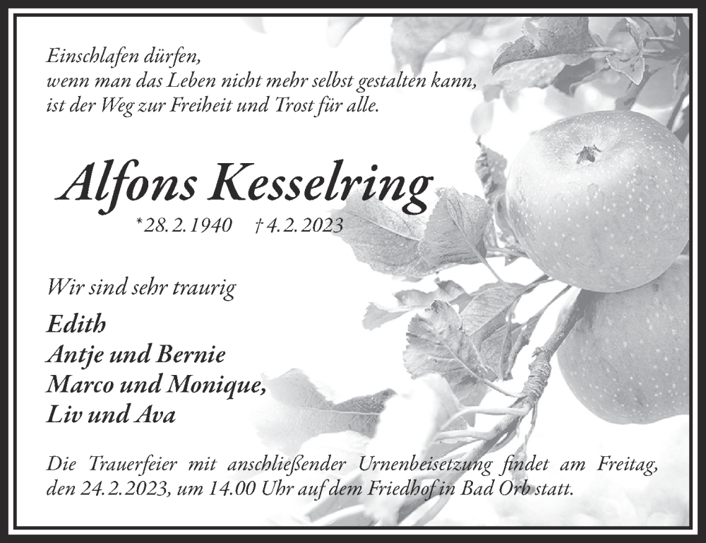  Traueranzeige für Alfons Kesselring vom 18.02.2023 aus Gelnhäuser Neue Zeitung