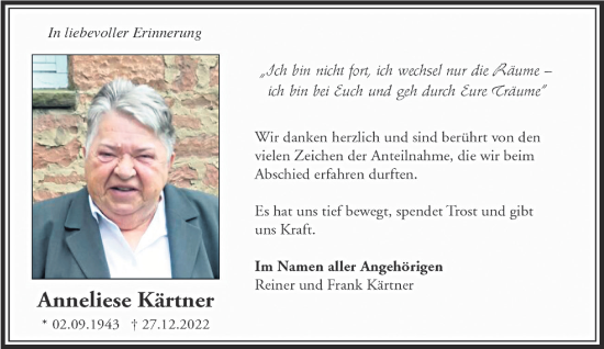Traueranzeige von Anneliese Kärtner von Gelnhäuser Neue Zeitung