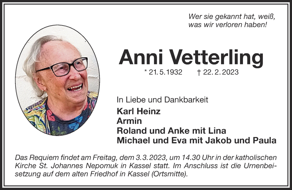  Traueranzeige für Anni Vetterling vom 28.02.2023 aus Gelnhäuser Neue Zeitung