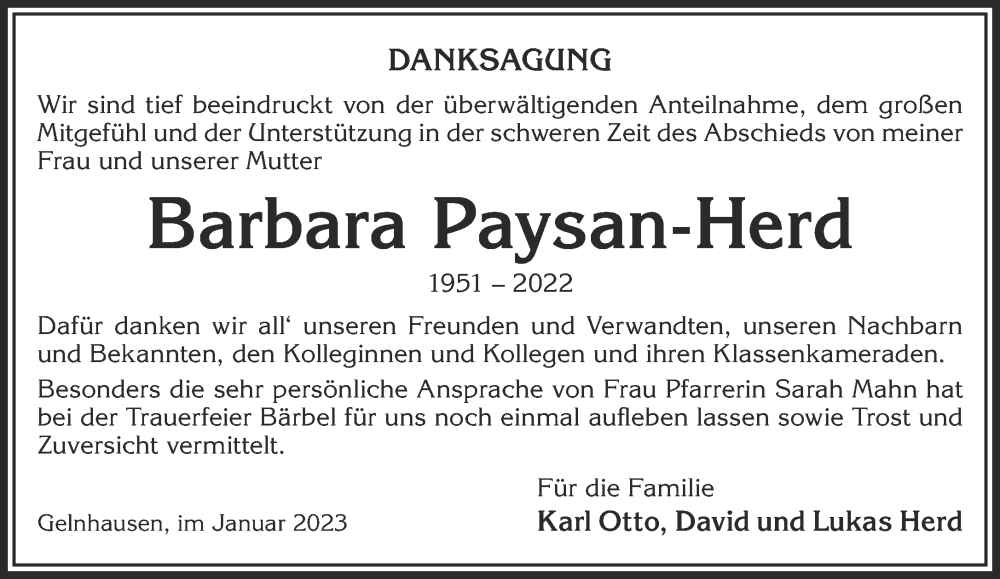  Traueranzeige für Barbara Paysan-Herd vom 04.02.2023 aus Mittelhessen-Bote
