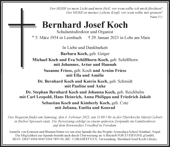 Traueranzeige von Bernhard Josef Koch von Gelnhäuser Neue Zeitung
