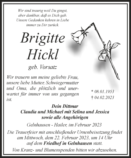 Traueranzeige von Brigitte Hickl von Mittelhessen-Bote