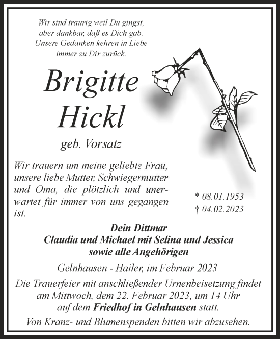 Traueranzeige von Brigitte Hickl von Gelnhäuser Neue Zeitung