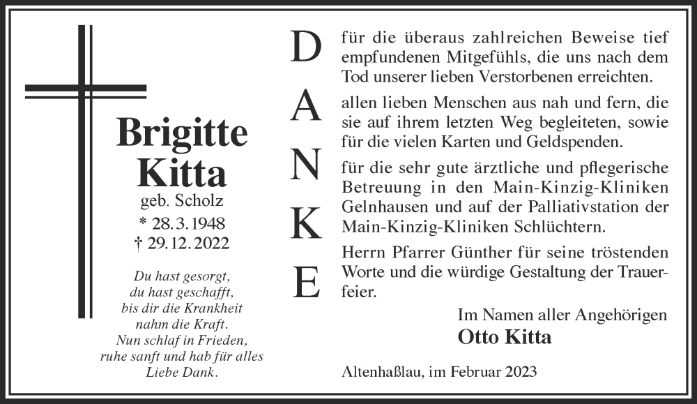  Traueranzeige für Brigitte Kitta vom 04.02.2023 aus Gelnhäuser Neue Zeitung