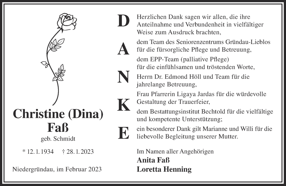  Traueranzeige für Christine Faß vom 25.02.2023 aus Gelnhäuser Neue Zeitung