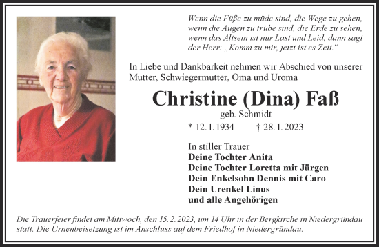 Traueranzeige von Christine Faß von Gelnhäuser Neue Zeitung