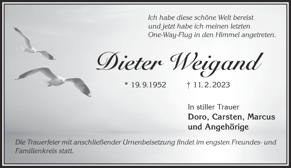  Traueranzeige für Dieter Weigand vom 18.02.2023 aus Gelnhäuser Neue Zeitung
